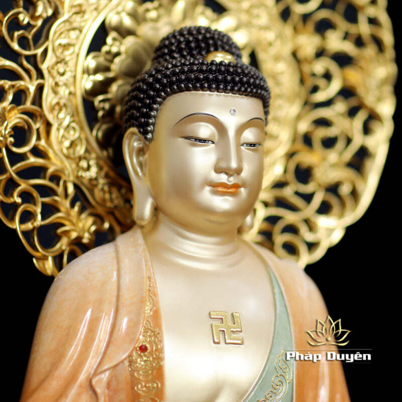 Bộ Tượng Ta Bà Tam Thánh Ngồi Đài Sen Bằng Đồng Sơn Men Độ Cao, Cao 40cm (Tổng Hào Quang 50cm) - Ảnh 4