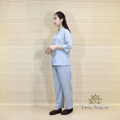 Alternative view of Bộ Nữ Cổ Liền Xẻ Giữa Vải Linen, Màu Xám, Size XS, S, M, L, XL