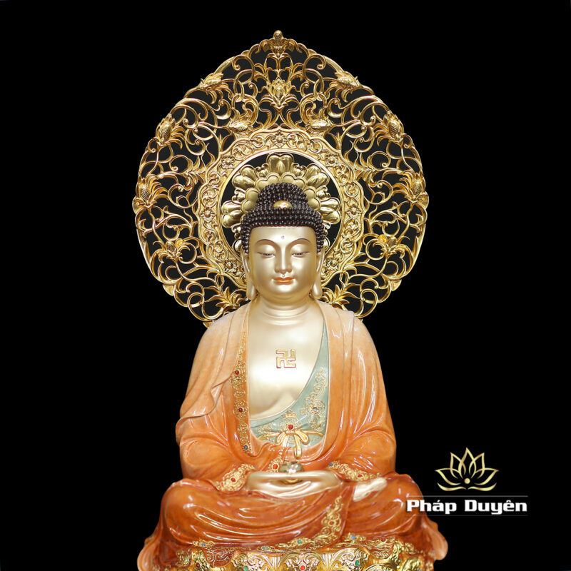 Bộ Tượng Ta Bà Tam Thánh Ngồi Đài Sen Bằng Đồng Sơn Men Độ Cao, Cao 40cm (Tổng Hào Quang 50cm) - Ảnh 5