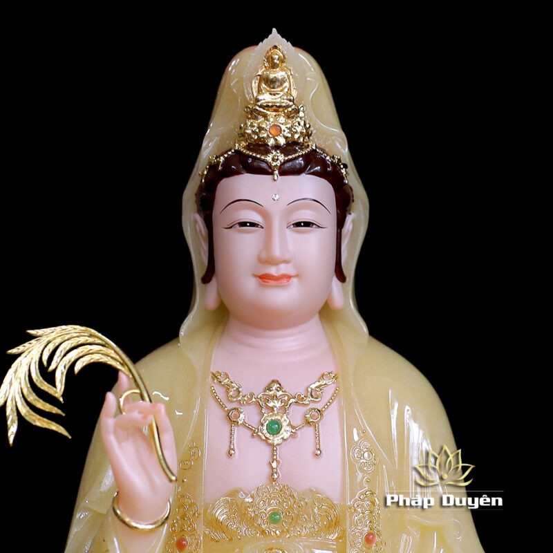 Tượng Quan Âm Bồ Tát Ngồi Đài Sen, Bằng Bột Đá Thạch Anh Viền Vàng Nổi, Cao 40cm - Ảnh 2