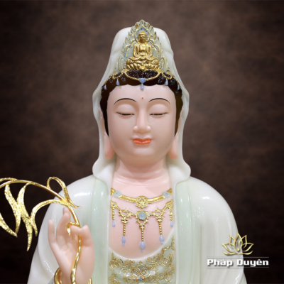 Ảnh chi tiết của Tượng Quan Thế Âm Ngồi Tự Tại Bằng Bột Đá Cẩm Thạch Màu Thiên Thanh, Cao 40-66cm