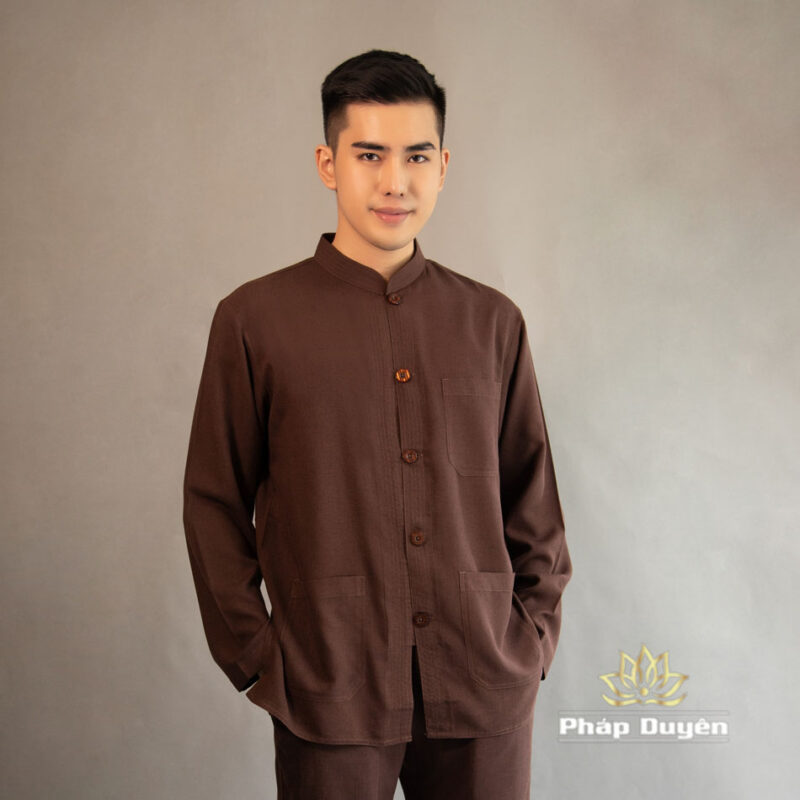 Bộ Cư Sĩ Nam Nút Nhựa Tay Dài Vải Linen, Màu Nâu Đen, Nhiều Size - Ảnh 2