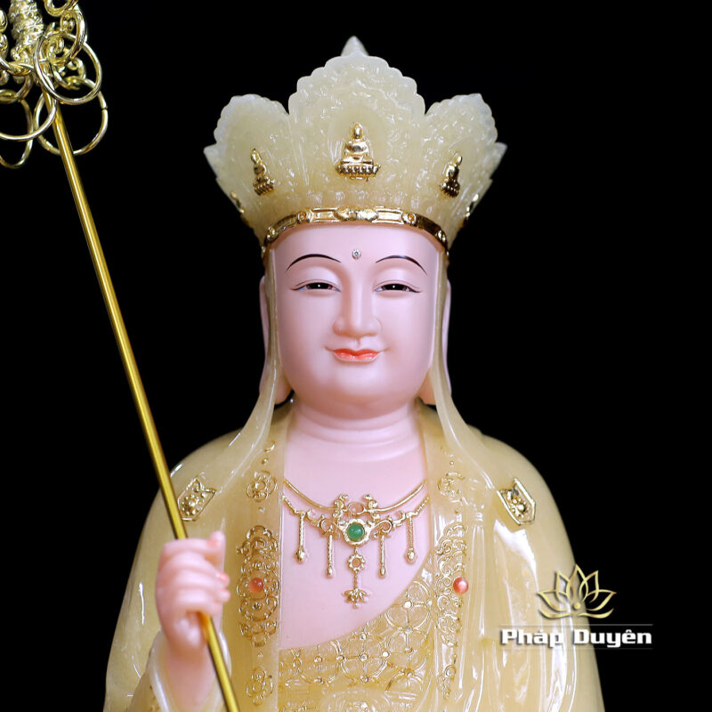 Tượng Địa Tạng Vương Bồ Tát Ngồi Đài Sen, Bằng Bột Đá Thạch Anh Viền Vàng Nổi, Cao 40cm - Ảnh 2