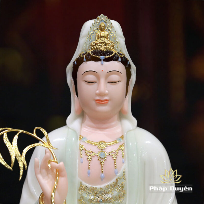 Tượng Quan Thế Âm Ngồi Tự Tại Bằng Bột Đá Cẩm Thạch Màu Thiên Thanh, Cao 48cm - Ảnh 2