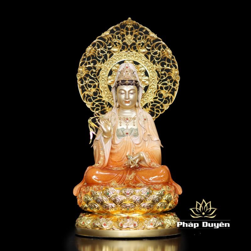 Bộ Tượng Ta Bà Tam Thánh Ngồi Đài Sen Bằng Đồng Sơn Men Độ Cao, Cao 40cm (Tổng Hào Quang 50cm) - Ảnh 7