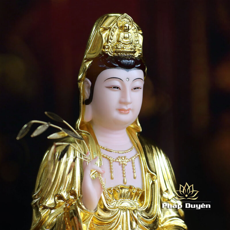 Tượng Quán Thế Âm Ngồi Đài Sen, Bằng Bột Đá Dát Vàng, Cao 36cm - Ảnh 3