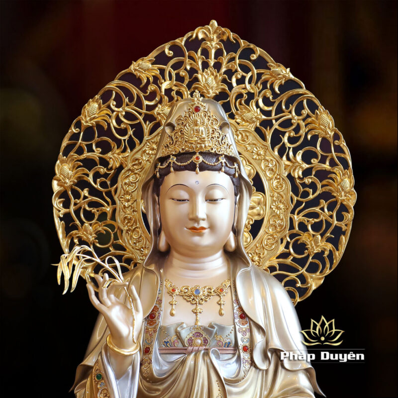 Tượng Quan Âm Ngồi Đài Sen, Bằng Đồng Men Cổ Viền Vàng Mẫn Bảo, Cao 66cm (Tổng Lá Đề 80cm) - Ảnh 2