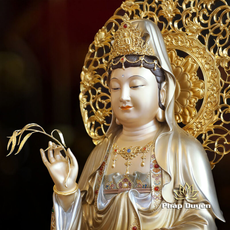 Tượng Quan Âm Ngồi Đài Sen, Bằng Đồng Men Cổ Viền Vàng Mẫn Bảo, Cao 66cm (Tổng Lá Đề 80cm) - Ảnh 3