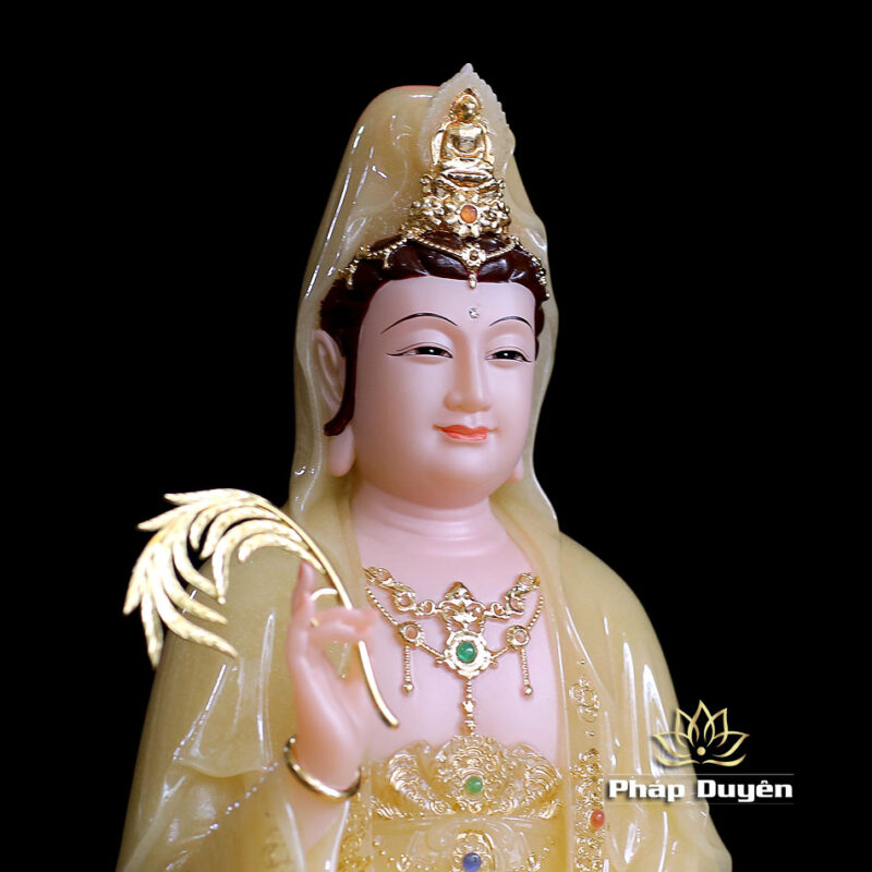 Tượng Quan Âm Bồ Tát Ngồi Đài Sen, Bằng Bột Đá Thạch Anh Viền Vàng Nổi, Cao 40cm - Ảnh 3