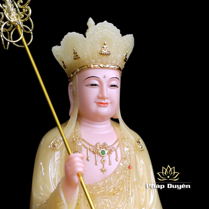 Tượng Địa Tạng Vương Bồ Tát Ngồi Đài Sen, Bằng Bột Đá Thạch Anh Viền Vàng Nổi, Cao 40cm - Ảnh 3
