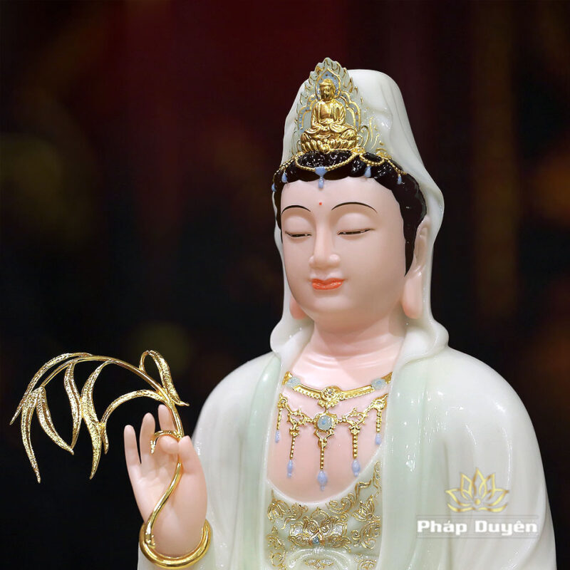Tượng Quan Thế Âm Ngồi Tự Tại Bằng Bột Đá Cẩm Thạch Màu Thiên Thanh, Cao 48cm - Ảnh 3