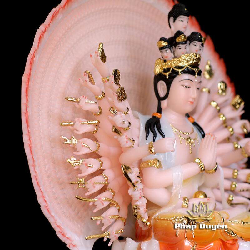 Tượng Quan Âm Thiên Thủ Thiên Nhãn Ngồi Đài Sen Đế Mây Bằng Bột Đá Vẽ Hoa, Cao 30cm (Tổng Cao 40cm) - Ảnh 4