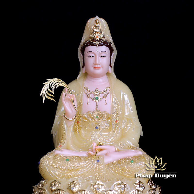 Tượng Quan Âm Bồ Tát Ngồi Đài Sen, Bằng Bột Đá Thạch Anh Viền Vàng Nổi, Cao 40cm - Ảnh 4