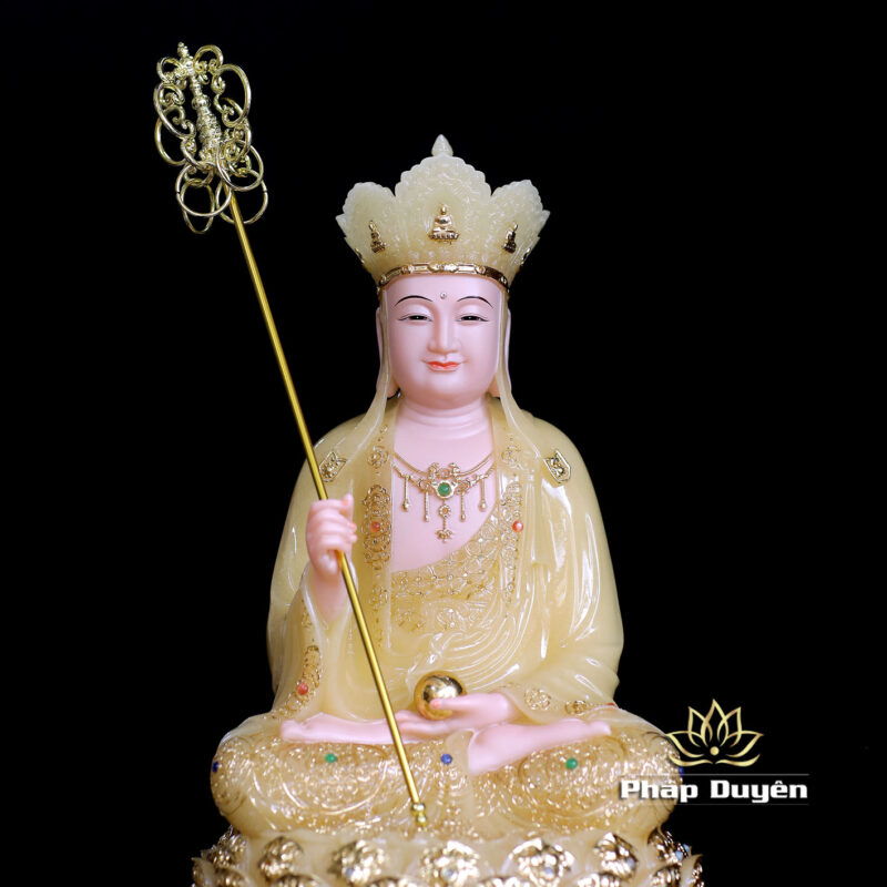 Tượng Địa Tạng Vương Bồ Tát Ngồi Đài Sen, Bằng Bột Đá Thạch Anh Viền Vàng Nổi, Cao 40cm - Ảnh 4