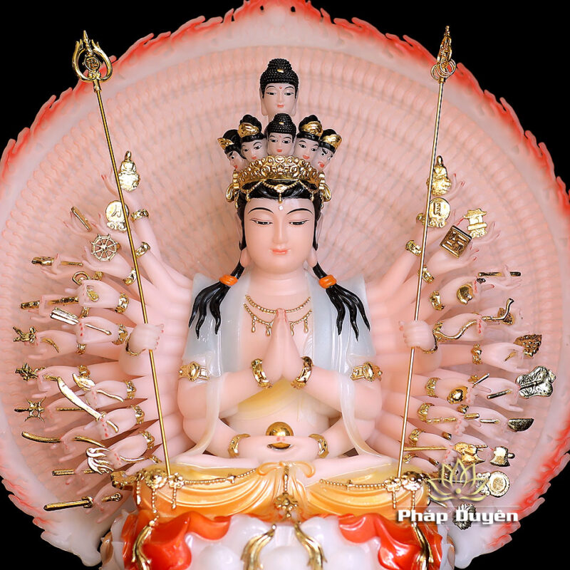 Tượng Quan Âm Thiên Thủ Thiên Nhãn Ngồi Đài Sen Đế Mây Bằng Bột Đá Vẽ Hoa, Cao 30cm (Tổng Cao 40cm) - Ảnh 5