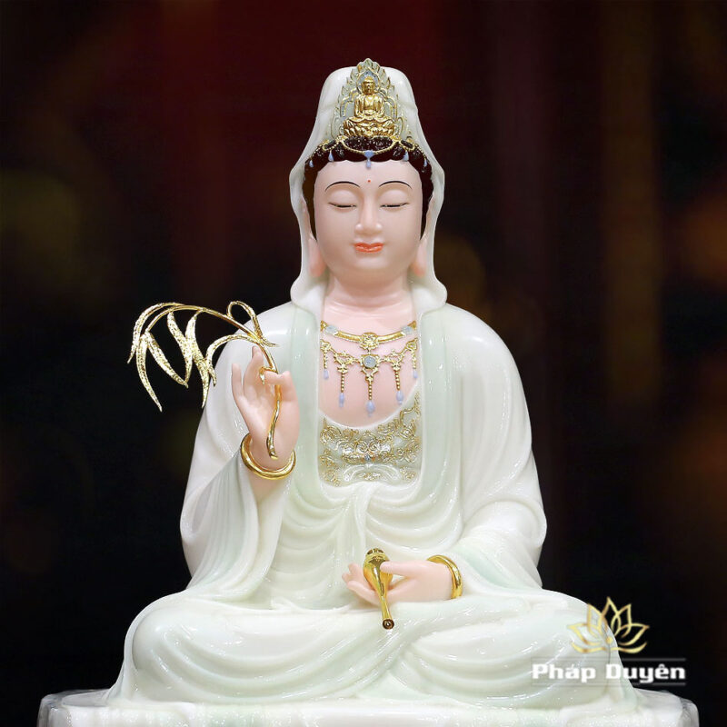 Tượng Quan Thế Âm Ngồi Tự Tại Bằng Bột Đá Cẩm Thạch Màu Thiên Thanh, Cao 48cm - Ảnh 4