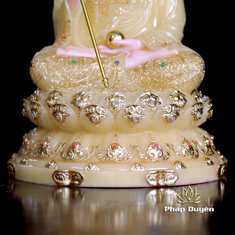 Tượng Địa Tạng Vương Bồ Tát Ngồi Đài Sen, Bằng Bột Đá Thạch Anh Viền Vàng Nổi, Cao 40cm - Ảnh 5