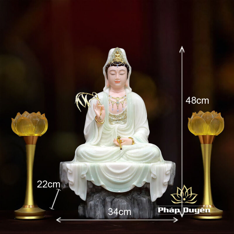 Tượng Quan Thế Âm Ngồi Tự Tại Bằng Bột Đá Cẩm Thạch Màu Thiên Thanh, Cao 48cm - Ảnh 6