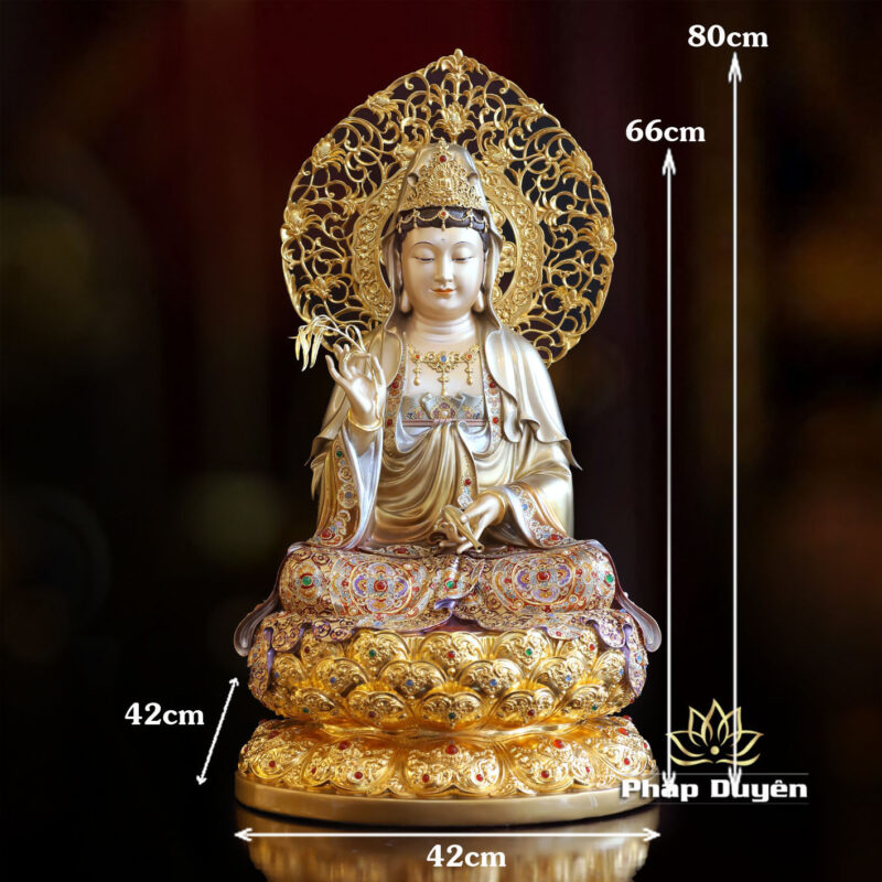 Tượng Quan Âm Ngồi Đài Sen, Bằng Đồng Men Cổ Viền Vàng Mẫn Bảo, Cao 66cm (Tổng Lá Đề 80cm) - Ảnh 6