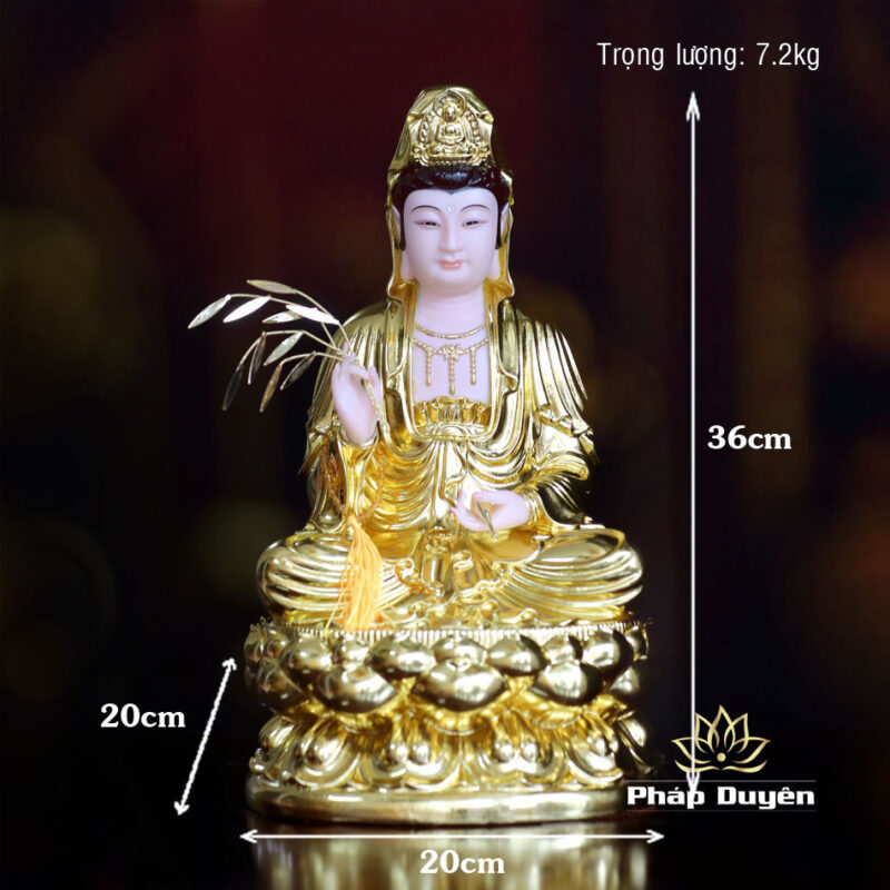 Tượng Quán Thế Âm Ngồi Đài Sen, Bằng Bột Đá Dát Vàng, Cao 36cm - Ảnh 6