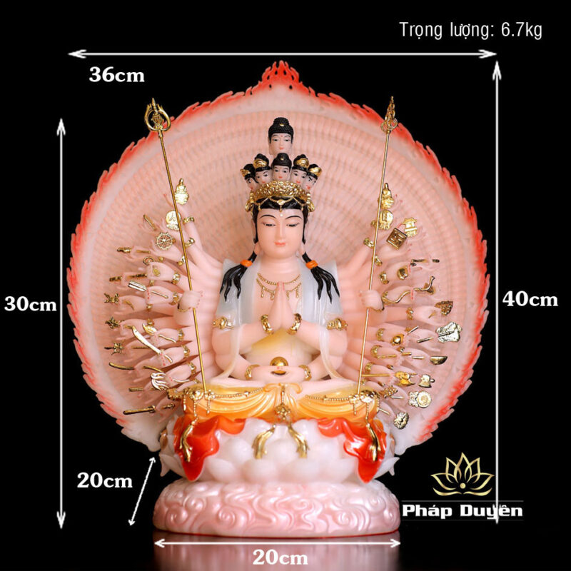 Tượng Quan Âm Thiên Thủ Thiên Nhãn Ngồi Đài Sen Đế Mây Bằng Bột Đá Vẽ Hoa, Cao 30cm (Tổng Cao 40cm) - Ảnh 7