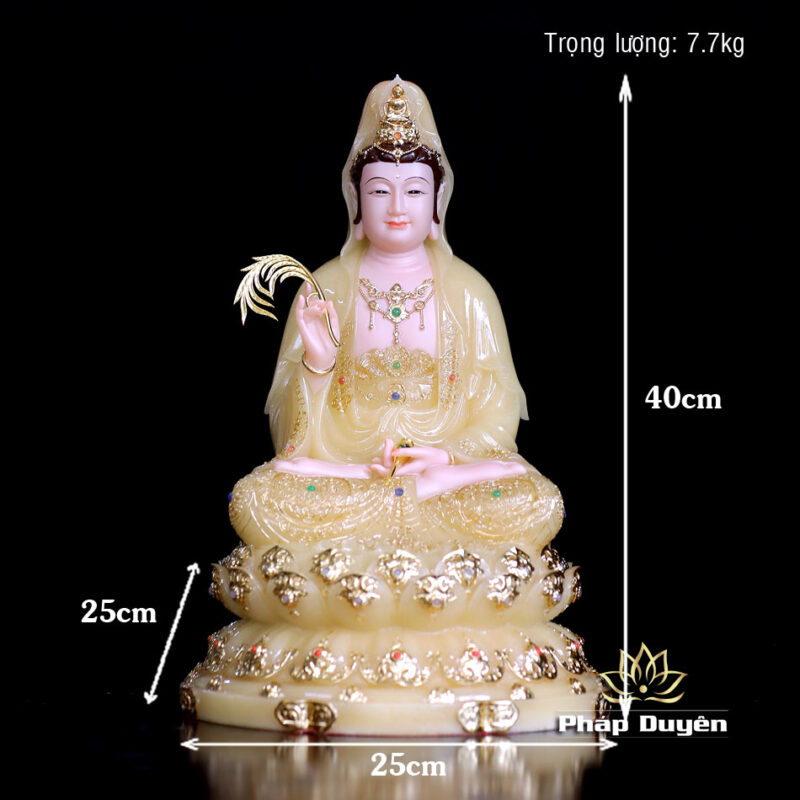 Tượng Quan Âm Bồ Tát Ngồi Đài Sen, Bằng Bột Đá Thạch Anh Viền Vàng Nổi, Cao 40cm - Ảnh 6