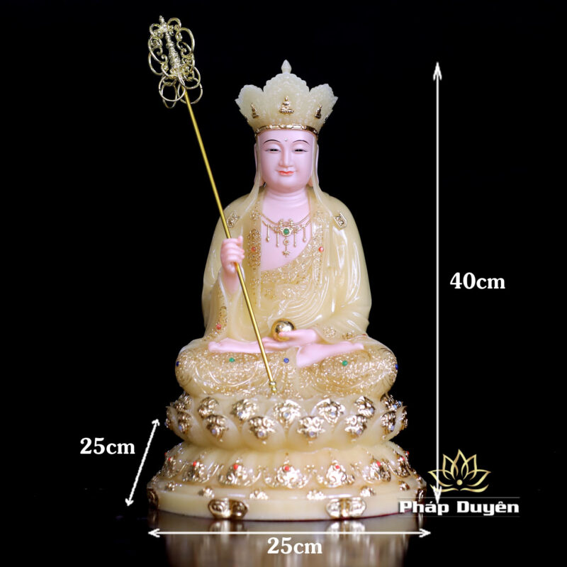 Tượng Địa Tạng Vương Bồ Tát Ngồi Đài Sen, Bằng Bột Đá Thạch Anh Viền Vàng Nổi, Cao 40cm - Ảnh 6