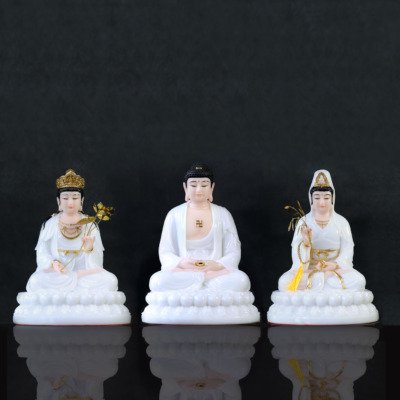 Bộ Tây Phương Tam Thánh Ngồi Đài Sen Bằng Bột Đá Trắng, Cao 30cm