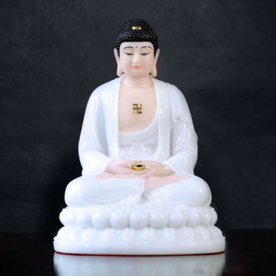 Tượng Bổn Sư Thích Ca Ngồi Đài Sen Bằng Bột Đá Trắng, Cao 30cm