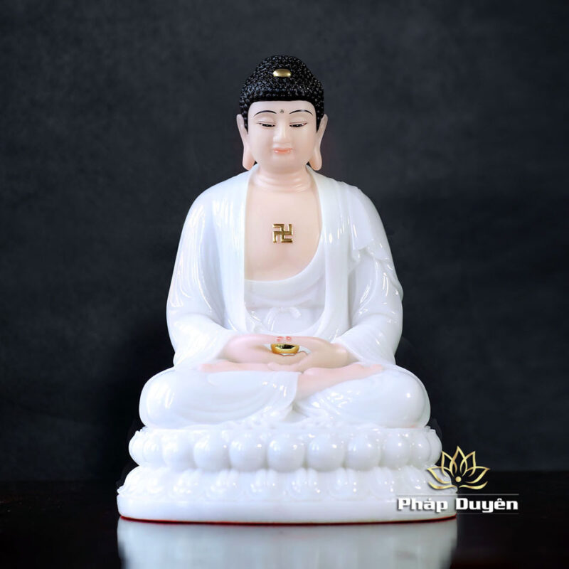 Bộ Tây Phương Tam Thánh Ngồi Đài Sen Bằng Bột Đá Trắng, Cao 30cm - Ảnh 2