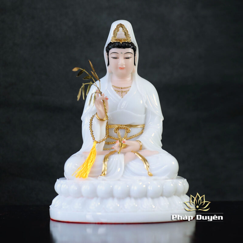 Bộ Tây Phương Tam Thánh Ngồi Đài Sen Bằng Bột Đá Trắng, Cao 30cm - Ảnh 7