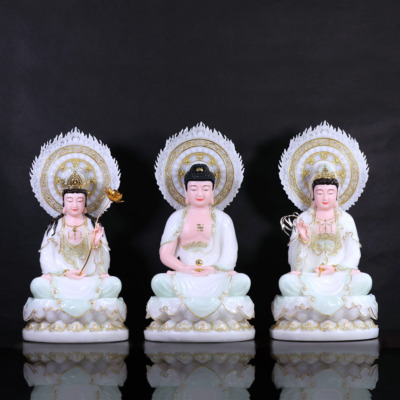 Bộ Tượng Tây Phương Tam Thánh Ngồi, Bằng Bột Đá Màu Thiên Thanh, Cao 40cm (Tổng Lá Đề 52cm)