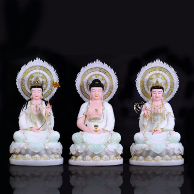 Bộ Tượng Tây Phương Tam Thánh Ngồi, Bằng Bột Đá Màu Thiên Thanh, Cao 48cm/66cm