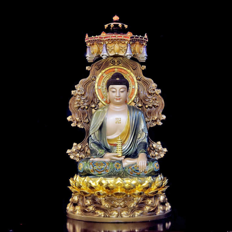 Tượng Phật Dược Sư Ngồi Non Nước, Bằng Đồng, Có Lọng Che, Cao 40cm (Tổng Lá Đề 58cm)