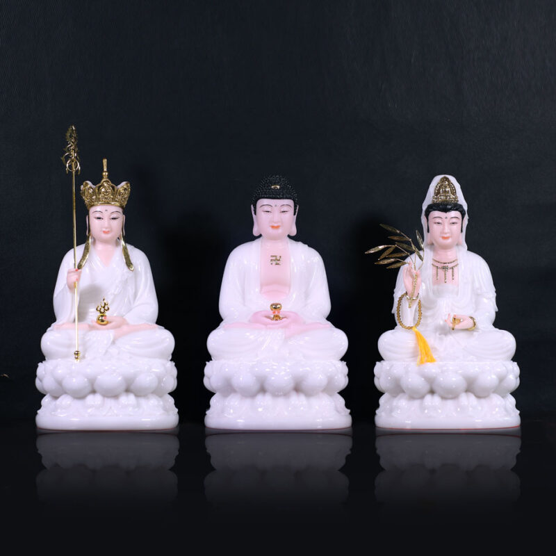 Bộ Tượng Ta Bà Tam Thánh Ngồi Đài Sen, Bằng Bột Đá Trắng Da Hồng, Cao 30cm