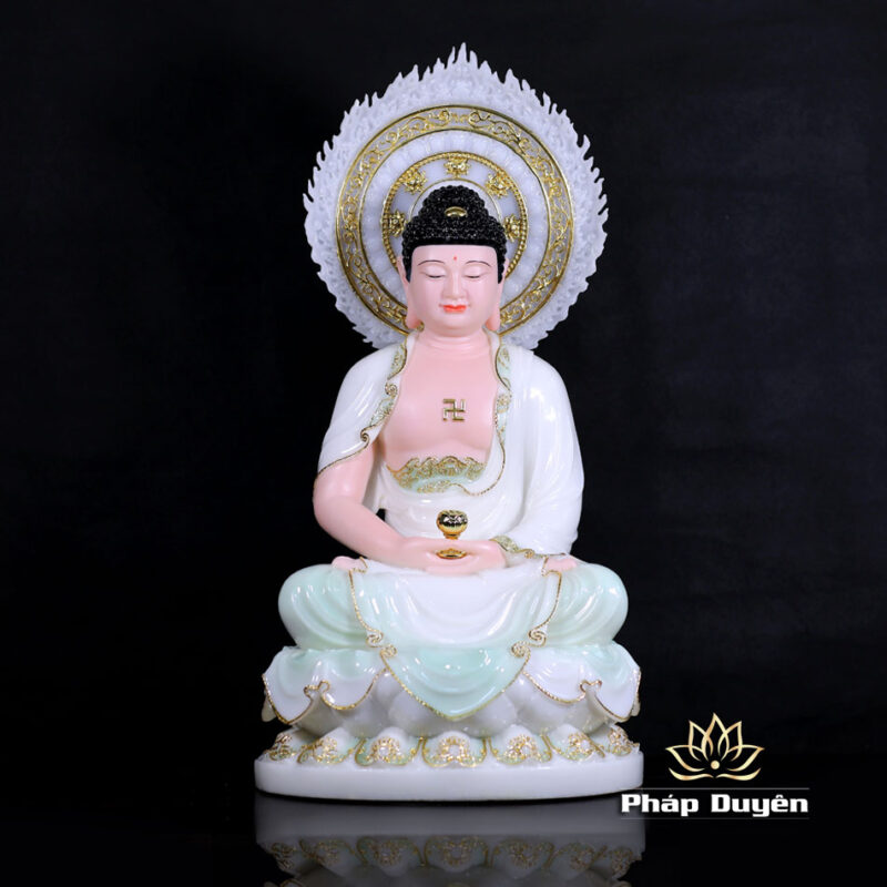 Bộ Tượng Tây Phương Tam Thánh Ngồi, Bằng Bột Đá Màu Thiên Thanh, Cao 48cm (Tổng Lá Đề 60cm) - Ảnh 2