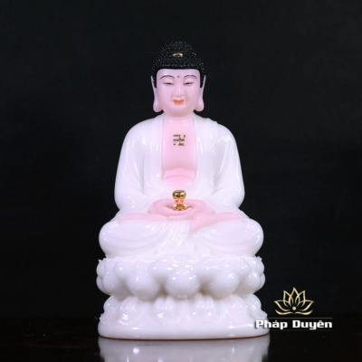 Alternative view of Bộ Tượng Ta Bà Tam Thánh Ngồi Đài Sen, Bằng Bột Đá Trắng Da Hồng, Cao 30cm