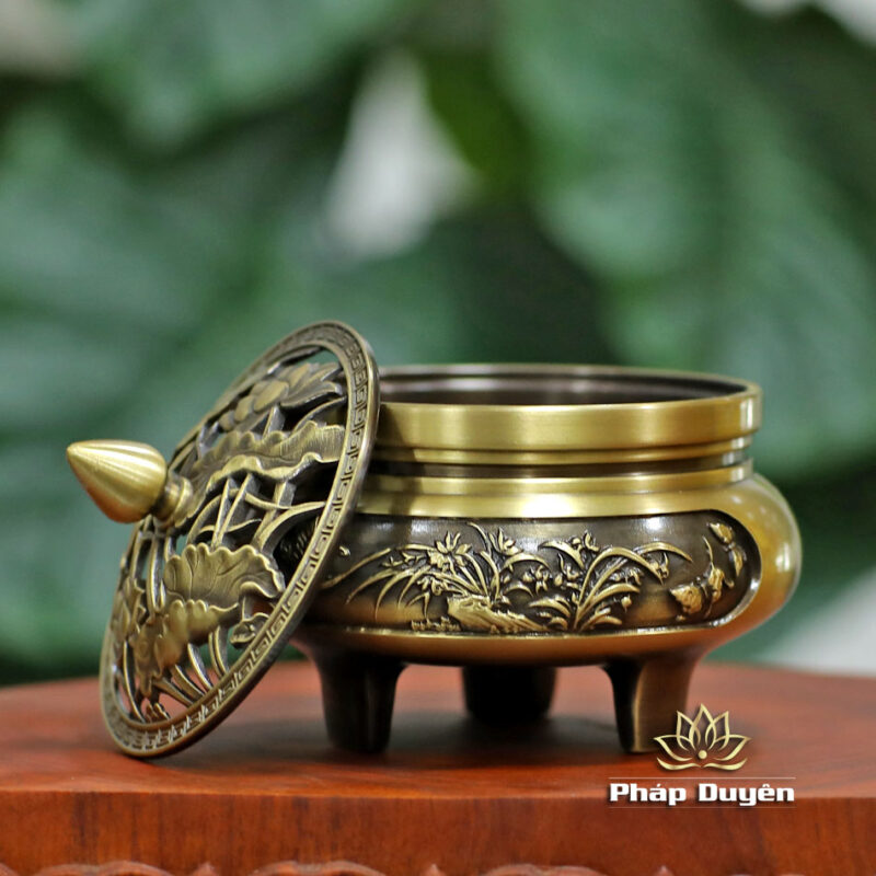 Lư Xông Trầm Đồng, Khắc Hoa Sen, Kích Thước 8cm x 9.5cm - Ảnh 2