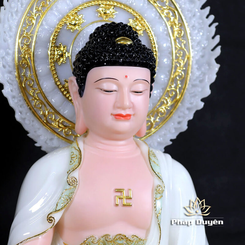 Bộ Tượng Tây Phương Tam Thánh Ngồi, Bằng Bột Đá Màu Thiên Thanh, Cao 48cm (Tổng Lá Đề 60cm) - Ảnh 4