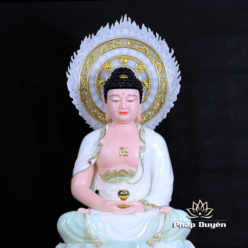 Bộ Tượng Tây Phương Tam Thánh Ngồi, Bằng Bột Đá Màu Thiên Thanh, Cao 48cm (Tổng Lá Đề 60cm) - Ảnh 5