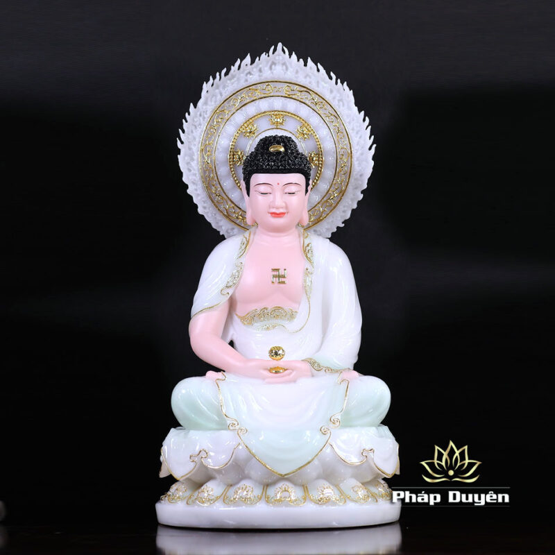 Bộ Tượng Tây Phương Tam Thánh Ngồi, Bằng Bột Đá Màu Thiên Thanh, Cao 40cm (Tổng Lá Đề 52cm) - Ảnh 2