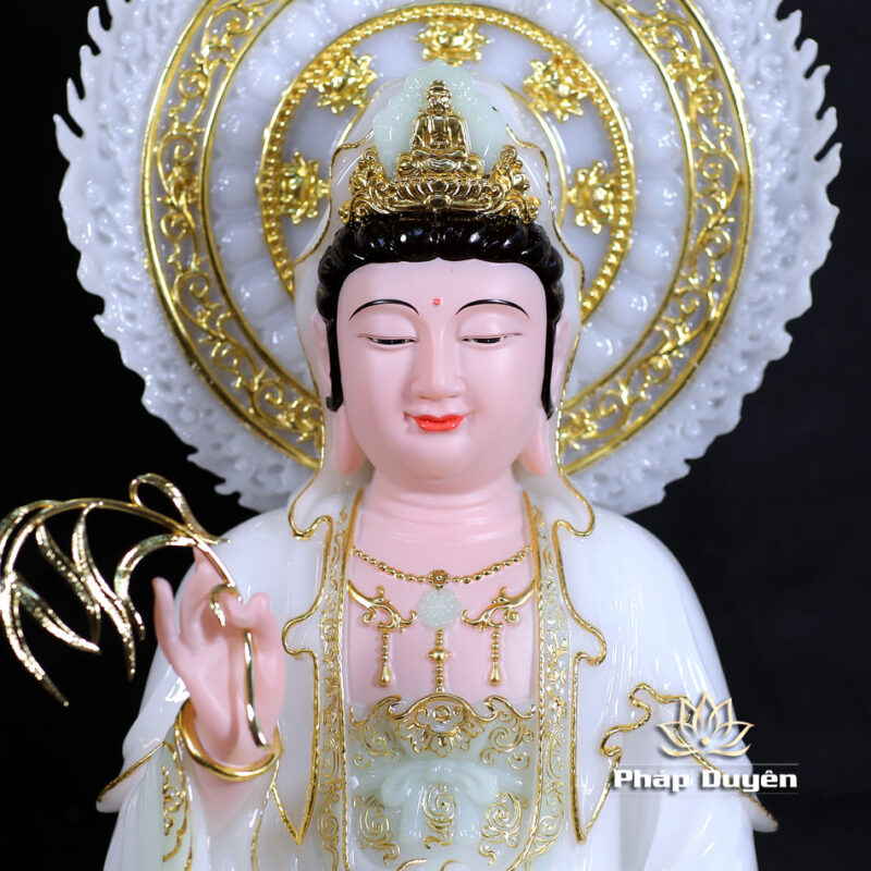 Bộ Tượng Tây Phương Tam Thánh Ngồi, Bằng Bột Đá Màu Thiên Thanh, Cao 48cm (Tổng Lá Đề 60cm) - Ảnh 8