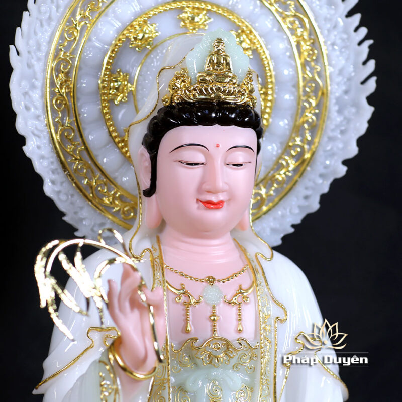 Bộ Tượng Tây Phương Tam Thánh Ngồi, Bằng Bột Đá Màu Thiên Thanh, Cao 48cm (Tổng Lá Đề 60cm) - Ảnh 9