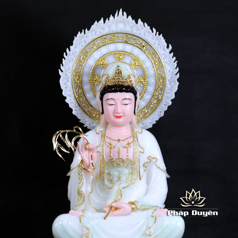 Bộ Tượng Tây Phương Tam Thánh Ngồi, Bằng Bột Đá Màu Thiên Thanh, Cao 48cm (Tổng Lá Đề 60cm) - Ảnh 10