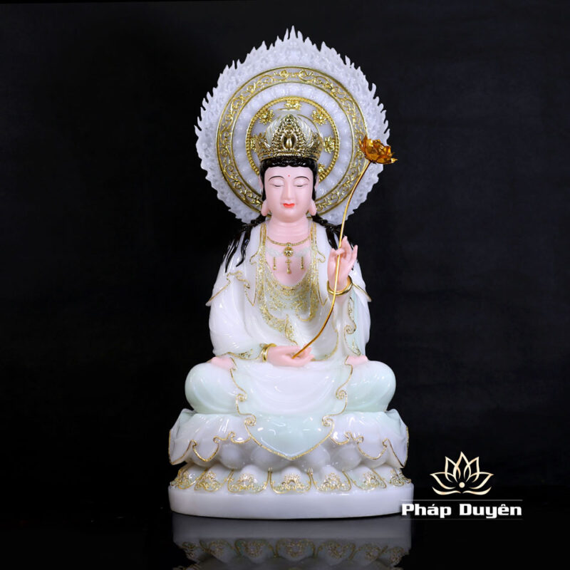 Bộ Tượng Tây Phương Tam Thánh Ngồi, Bằng Bột Đá Màu Thiên Thanh, Cao 48cm (Tổng Lá Đề 60cm) - Ảnh 12