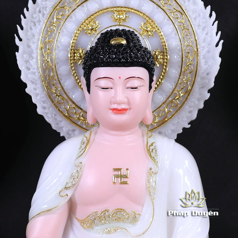 Bộ Tượng Tây Phương Tam Thánh Ngồi, Bằng Bột Đá Màu Thiên Thanh, Cao 40cm (Tổng Lá Đề 52cm) - Ảnh 3