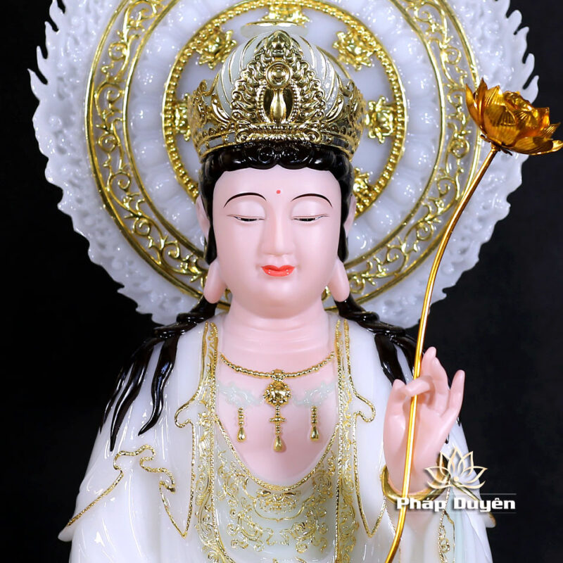 Bộ Tượng Tây Phương Tam Thánh Ngồi, Bằng Bột Đá Màu Thiên Thanh, Cao 48cm (Tổng Lá Đề 60cm) - Ảnh 13