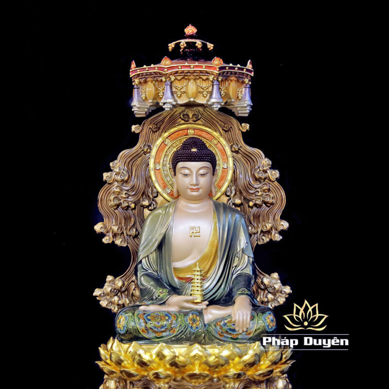 Tượng Phật Dược Sư Ngồi Non Nước, Bằng Đồng, Có Lọng Che, Cao 40cm (Tổng Lá Đề 58cm) - Ảnh 4