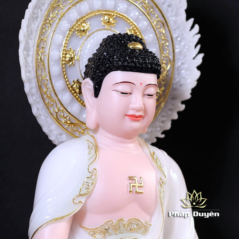 Bộ Tượng Tây Phương Tam Thánh Ngồi, Bằng Bột Đá Màu Thiên Thanh, Cao 40cm (Tổng Lá Đề 52cm) - Ảnh 4