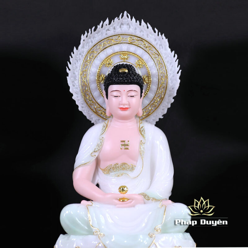 Bộ Tượng Tây Phương Tam Thánh Ngồi, Bằng Bột Đá Màu Thiên Thanh, Cao 40cm (Tổng Lá Đề 52cm) - Ảnh 5